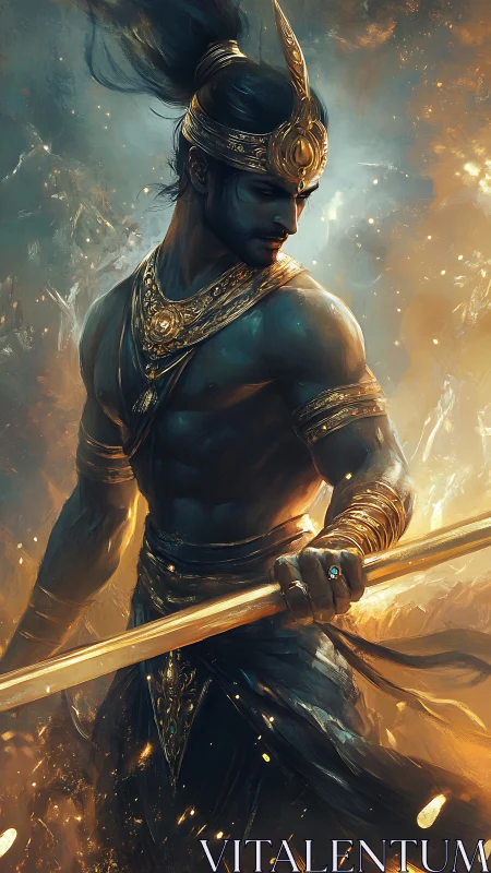 Mythic blue-skinned warrior with golden staff in luminous aura