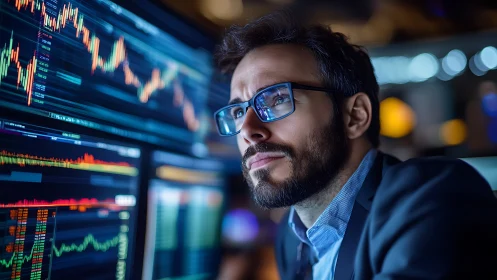 Focused market analyst studies volatile trading charts at night.