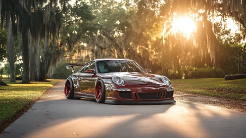 Modified sports coupe on tree-lined road at sunset.