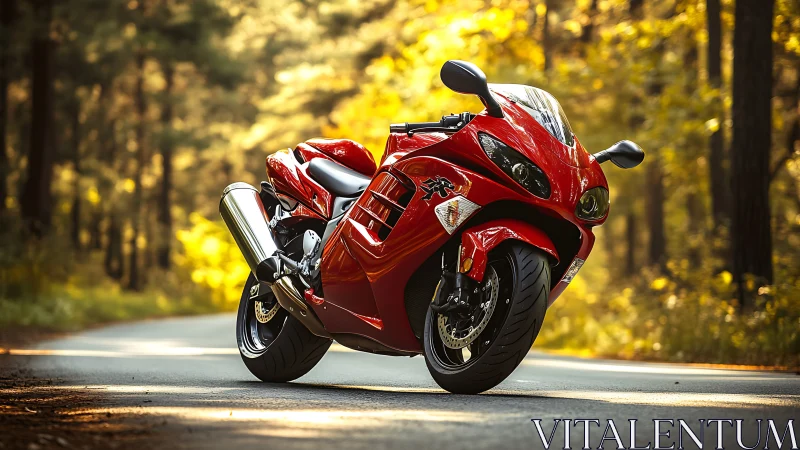 Red sport motorcycle on forest road in late daylight conditions.