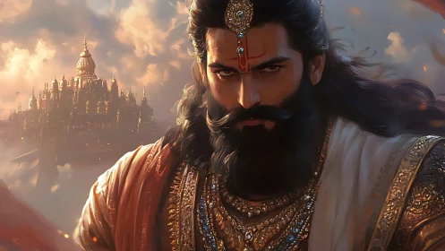 Regal warrior prince before grand golden palace at dusk.