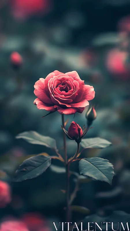 Midnight garden rose pausing between heartbeat and bloom.