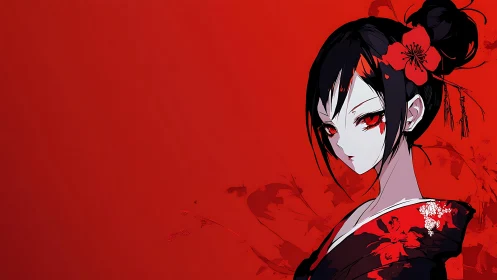 Red-eyed anime girl contrasts vivid crimson background.