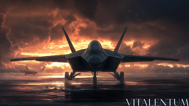 Stealth fighter jet on wet runway at cinematic sunset glow.