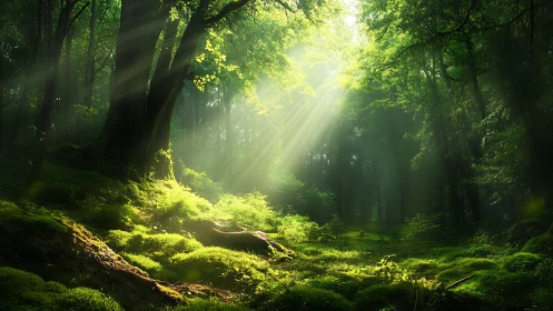 Sunlit Forest Cathedral: Radiant Beams Through Ancient Trees.