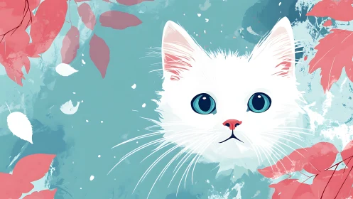 A White Cat with Mesmerizing Eyes Among Coral Blooms.