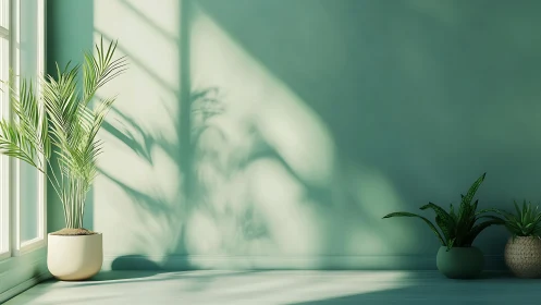 Sunlit interior wall with potted plants casting defined shadows