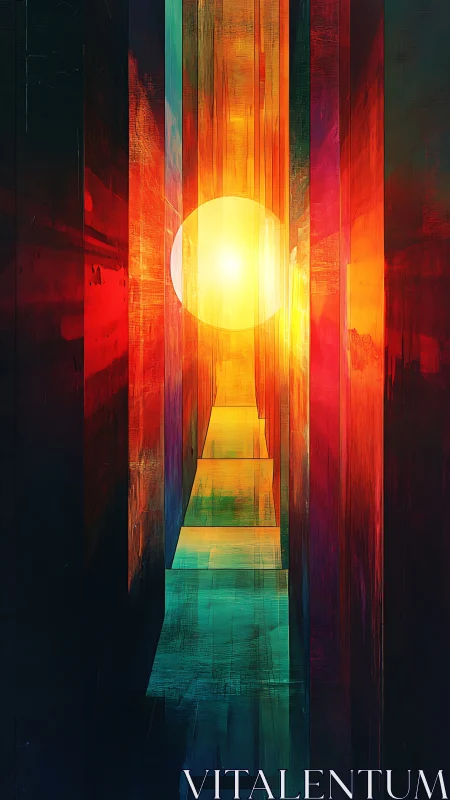 Geometric corridor with central glowing sphere and steps.