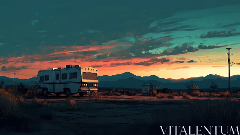 Desert camper at dusk under teal sky and ember horizon.