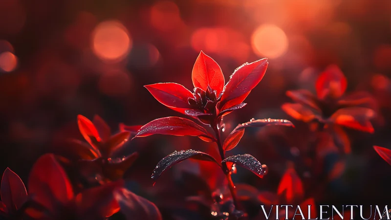 Red foliate structures with hydrophobic surface tension and bokeh luminescence.