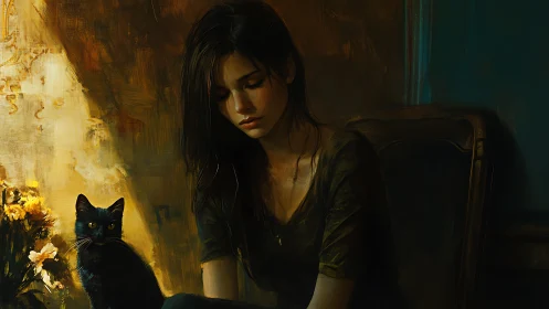 Melancholic woman with black cat in warm dim light.