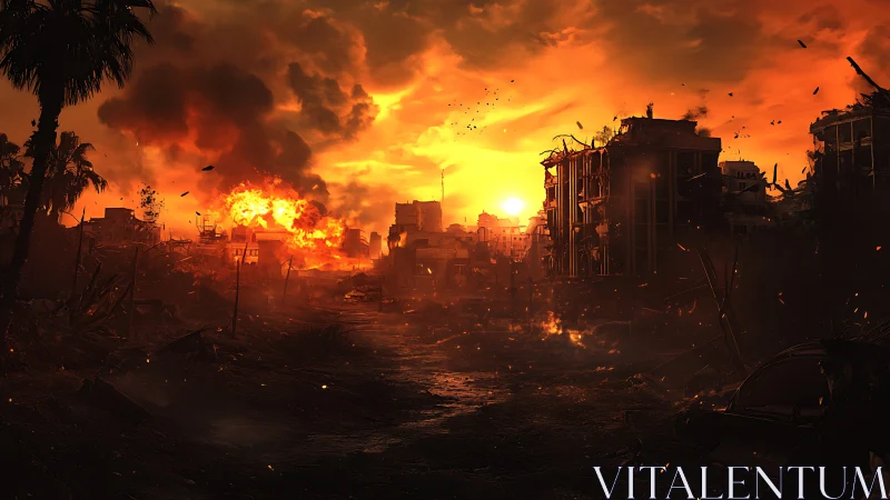 Sunset backlit urban warzone with active high-yield explosion