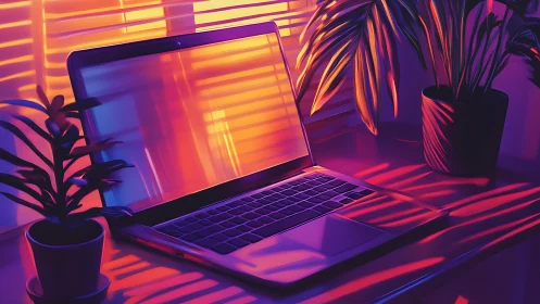 Neon-lit laptop workspace with plants in digital painting style.
