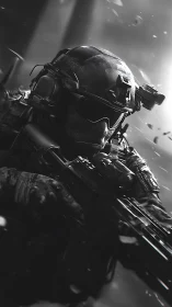 Tactical operator in NVG helmet aims rifle under cinematic debris field