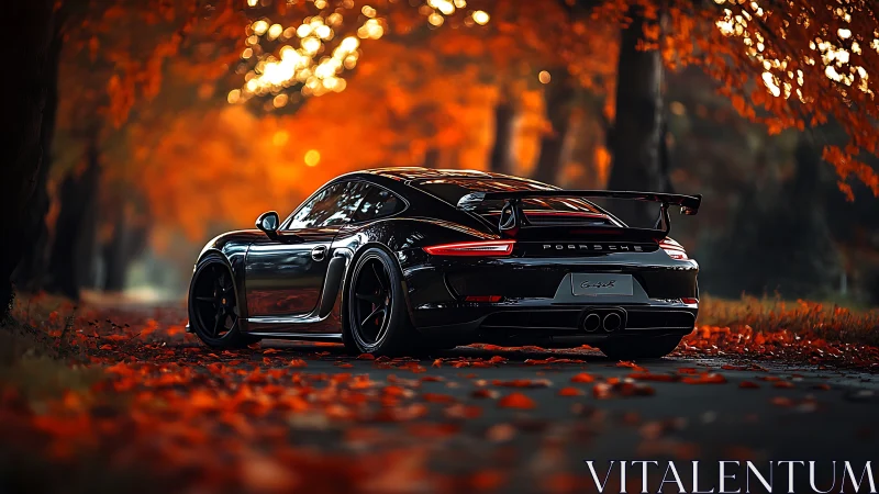Black sports coupe on forest road in dense autumn foliage.