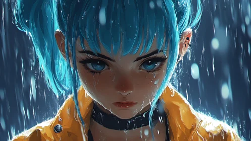 Storm-bright gaze of a girl with electric blue hair in rain.