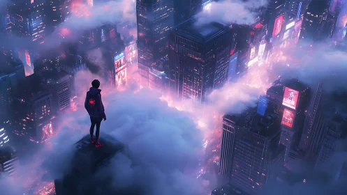 Figure overlooking illuminated foggy neon cityscape at night.