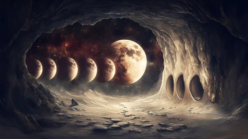 Lunar phases align within cavernous cosmic gateway tunnel