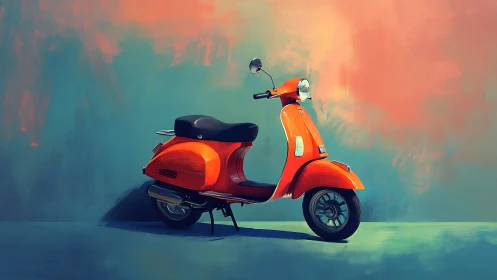 Orange retro scooter stands against soft abstract backdrop