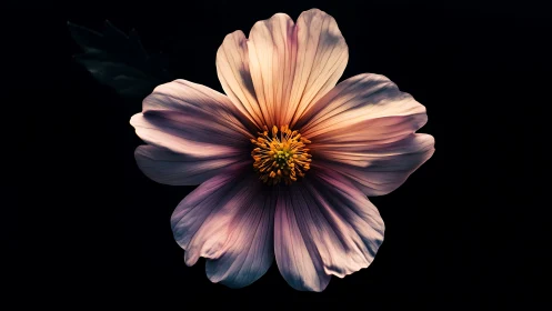 Cosmos flower with radial petals and golden center displaying soft chromatic gradation