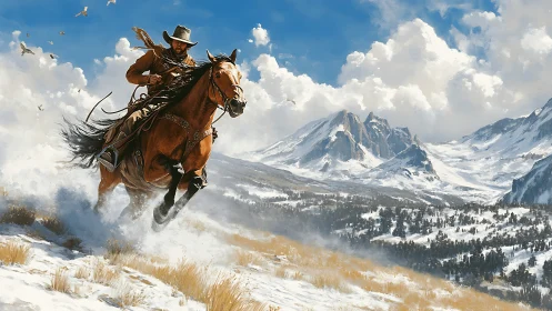Cowboy racing across sunlit snowy plains with bold freedom.