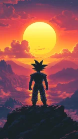 Silhouetted martial figure facing oversized sun over peaks.