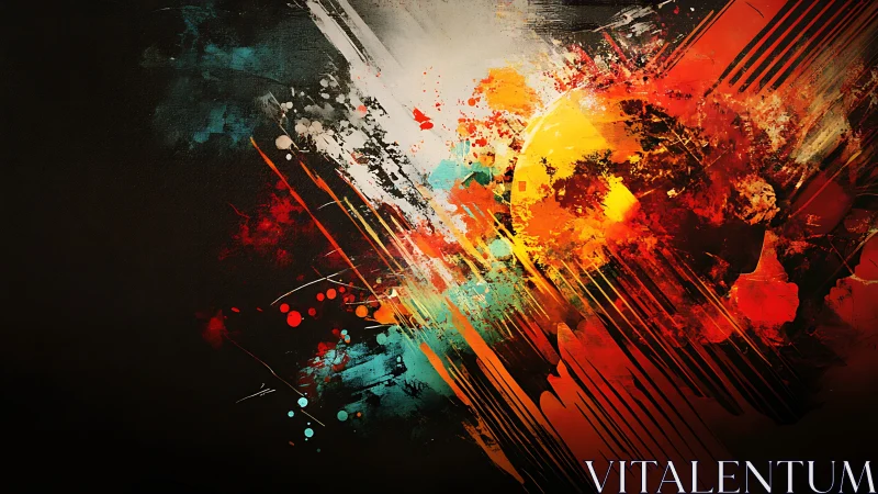 Solar collision of color streaks ignites the dark canvas.