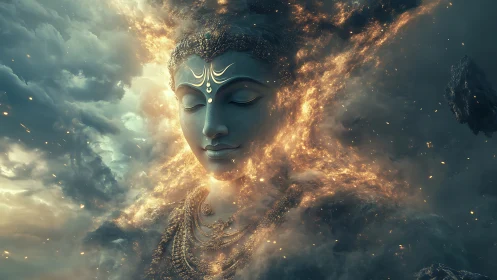 Celestial deity portrait fused with luminous cosmic nebula.