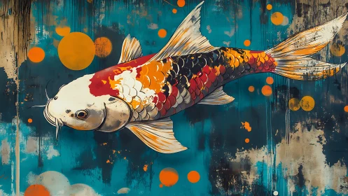 Multicolored koi fish against teal abstract background.