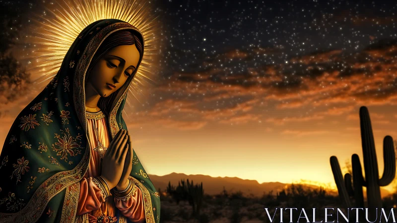 Desert dusk crowns a serene Madonna in shimmering light