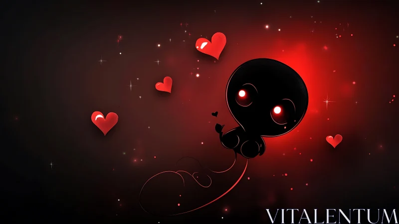 Cartoon dark figure with glowing red eyes floats among hearts