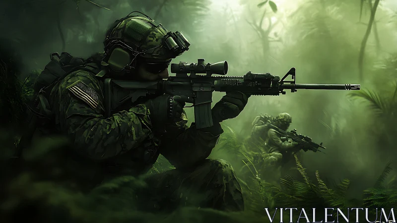 Camouflaged soldiers with rifles in dense green jungle terrain.