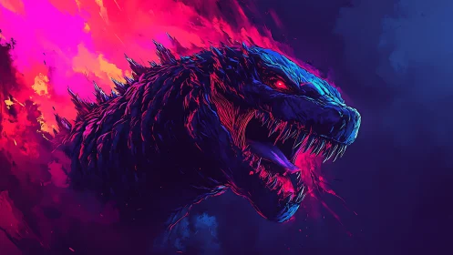 Neon kaiju profile explodes through dual-tone chromatic void