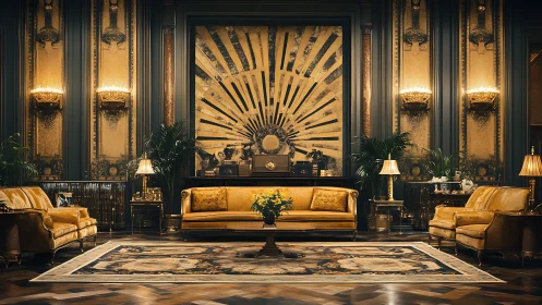 Art deco lounge interior with gold sofas and wall mural.
