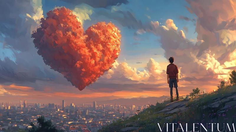 Boy Watching Burning Heart Cloud Over Sunset City