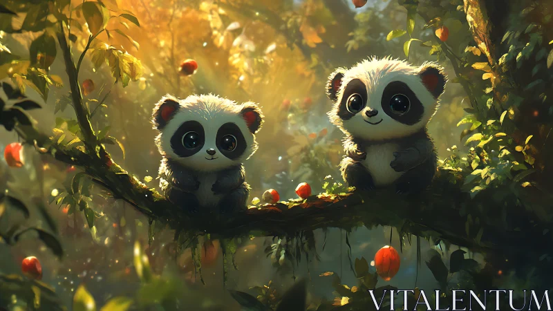 Cozy baby pandas sharing sunlit secrets in a forest grove.