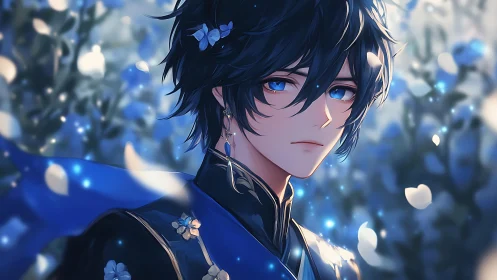 Melancholic blue eyed anime boy stands in drifting petals