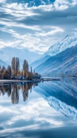 Snowy mountains frame a tranquil reflective alpine lake