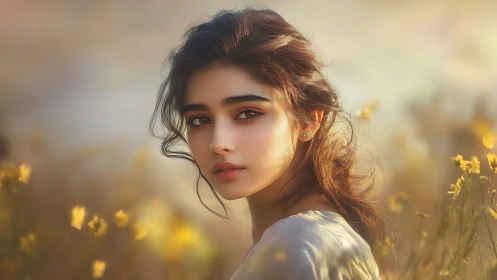 Soft dusk pauses on her gaze within a sunlit meadow hush