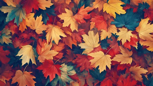 Multicolored maple leaves forming dense overlapping pattern.