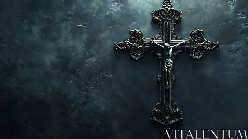 Baroque metal crucifix on dark textured stone wall.