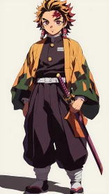 Anime swordsman in stylized haori rendered with bold cel shading