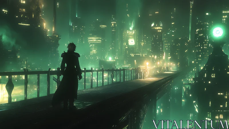 Silhouetted figure on elevated walkway above neon cityscape.