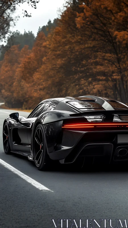 Midnight hypercar gliding through an ember-tinted forest road.