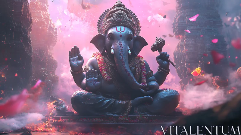 Majestic Ganesha statue glows amid mystical pink clouds.