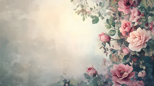 Floral composition with pink roses and soft atmospheric background