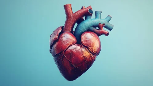 Realistic human heart illustration with blue background, digital art.
