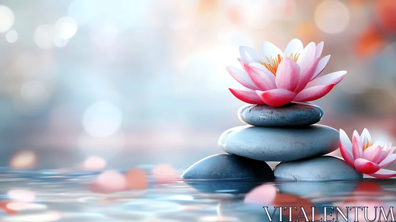 Stacked river stones support pink lotus blooms over reflective water