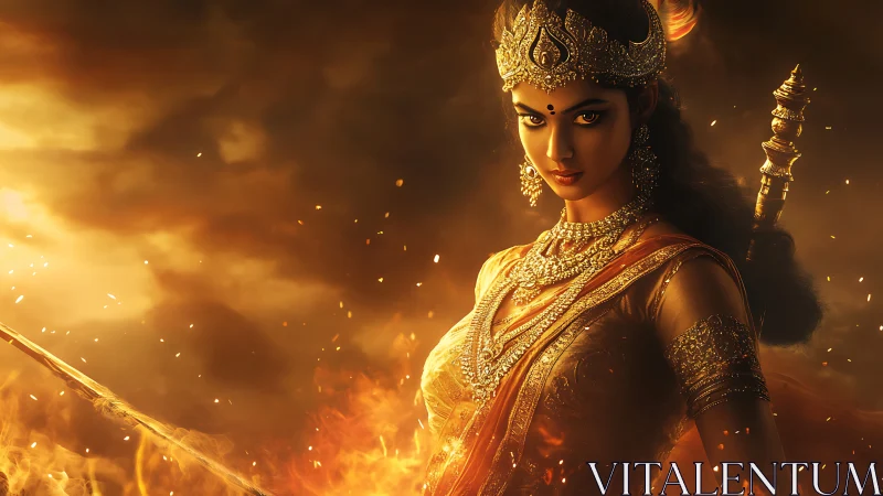 Warrior goddess figure amid flames and storm clouds.