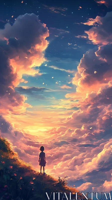 Child gazes over glowing sunset clouds in dreamlike sky
